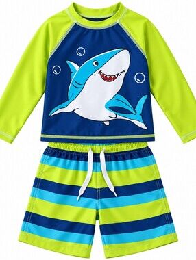 Boys Shark Rash Guard & Swim Trunks 2-Piece Set Lime Blue 🏖️